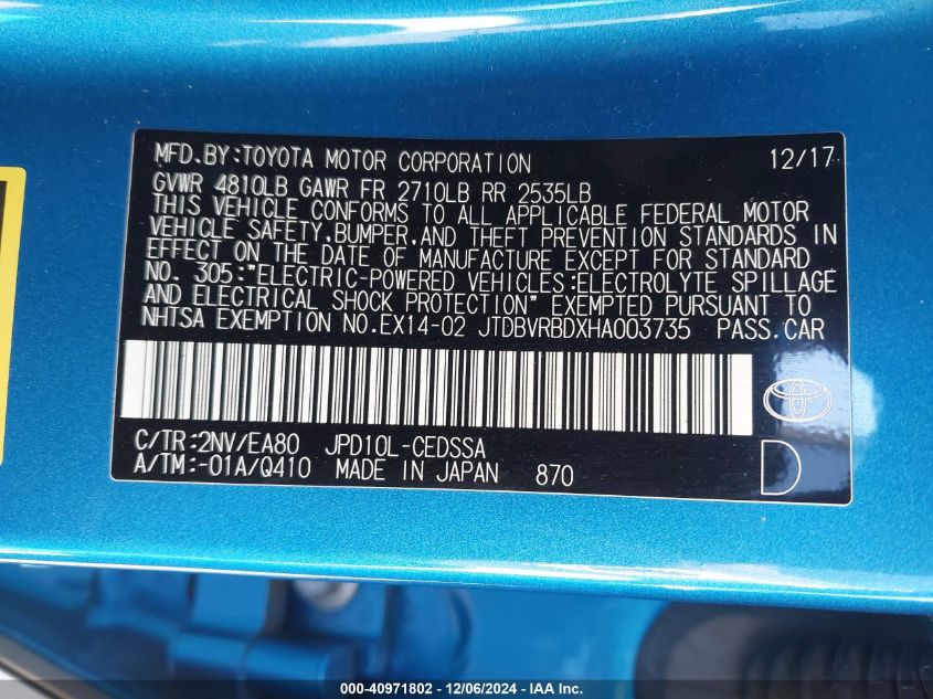 2017 Toyota Mirai VIN: JTDBVRBDXHA003735 Lot: 40971802