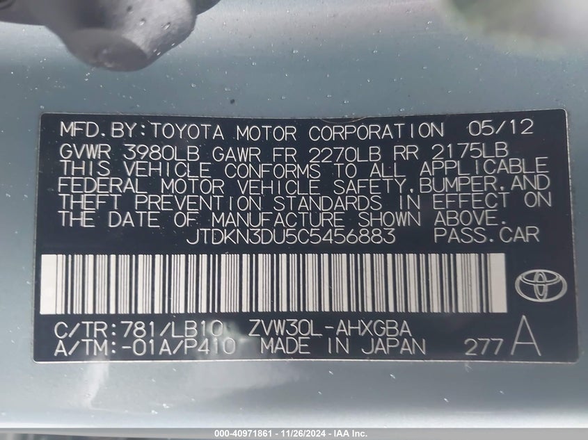 2012 TOYOTA PRIUS VIN: JTDKN3DU5C5456883