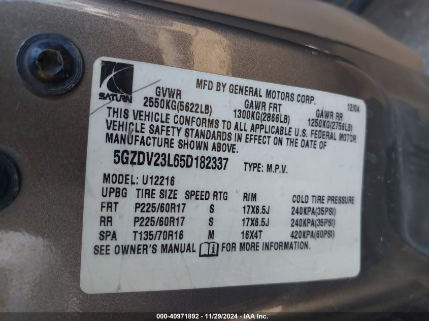 2005 Saturn Relay Fwd VIN: 5GZDV23L65D182337 Lot: 40971892