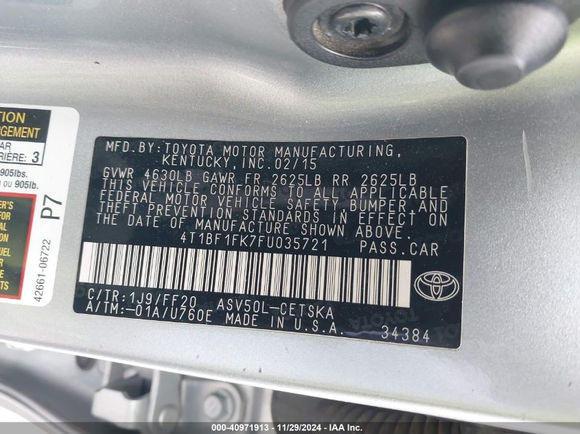 VIN 4T1BF1FK7FU035721 2015 Toyota Camry, SE no.9