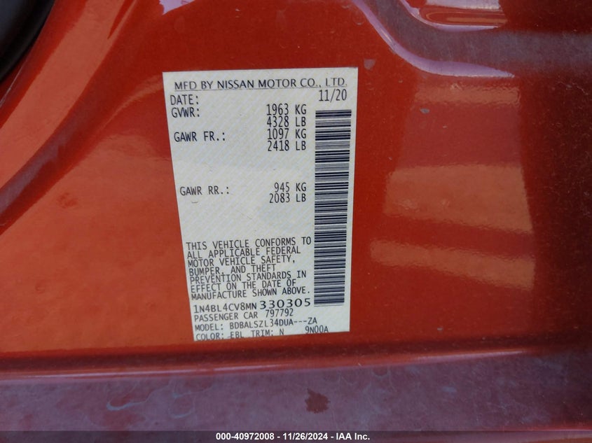 2021 NISSAN ALTIMA VIN: 1N4BL4CV8MN330305