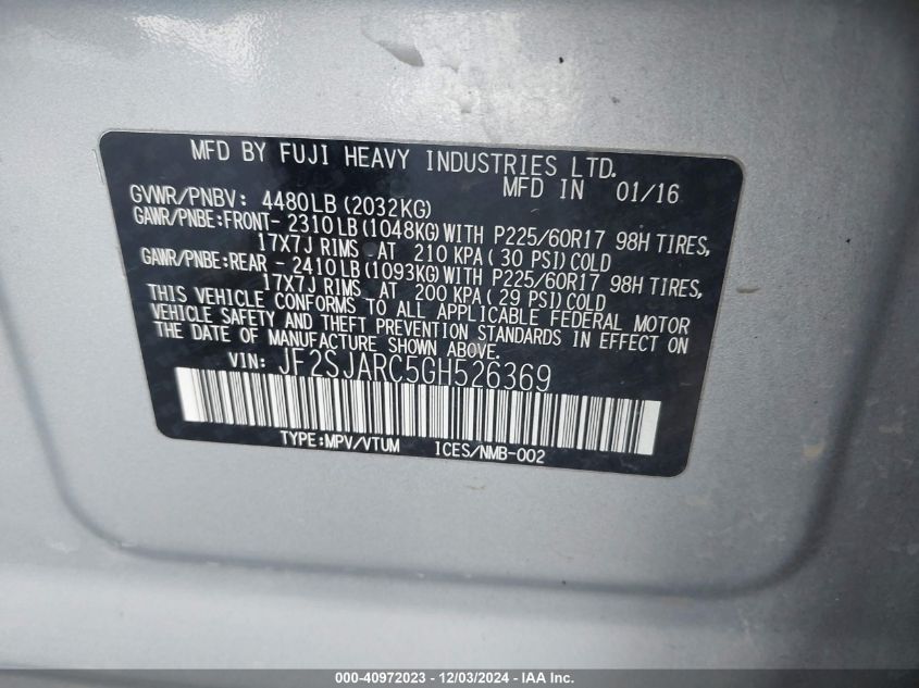 VIN JF2SJARC5GH526369 2016 Subaru Forester, 2.5I Li... no.9