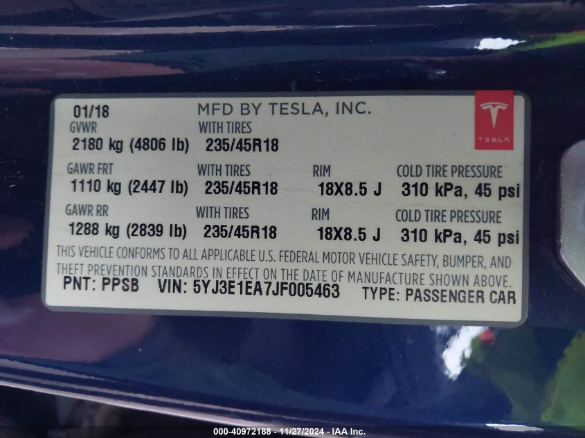 VIN 5YJ3E1EA7JF005463 2018 Tesla Model 3, Long Rang... no.9