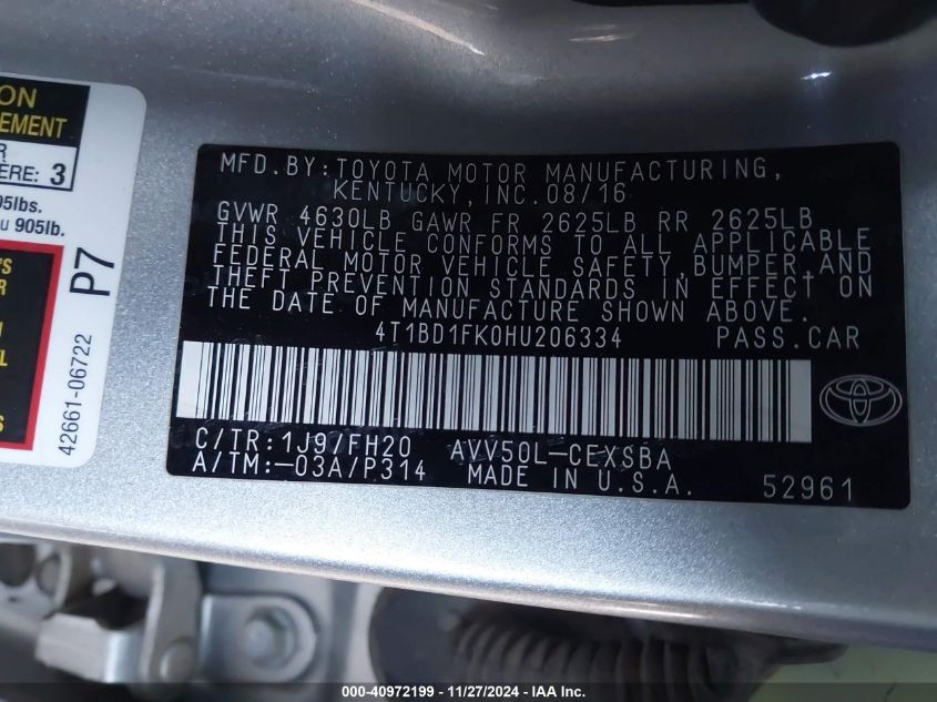 VIN 4T1BD1FK0HU206334 2017 Toyota Camry, Hybrid SE no.9