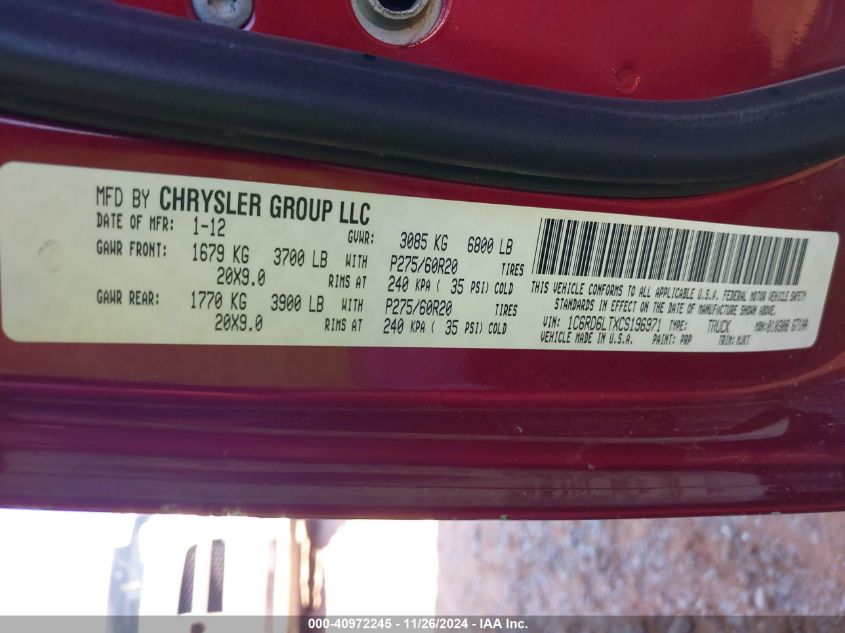 2012 Ram 1500 Slt VIN: 1C6RD6LTXCS196971 Lot: 40972245