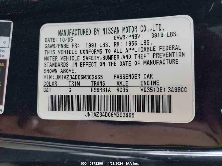 2006 NISSAN 350Z VIN: JN1AZ34D06M302465