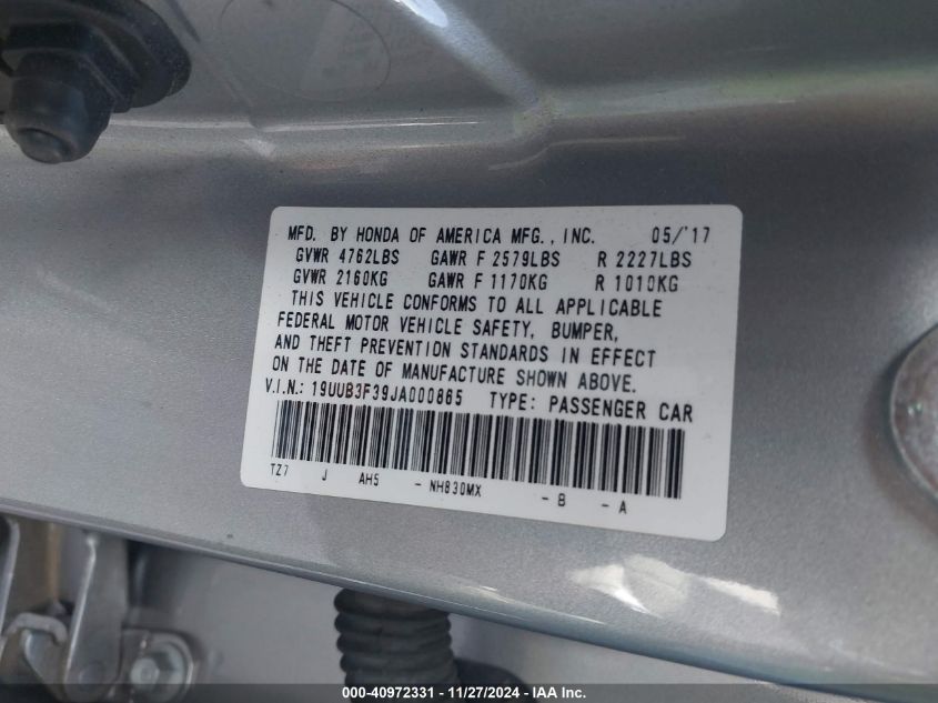 VIN 19UUB3F39JA000865 2018 Acura TLX no.9