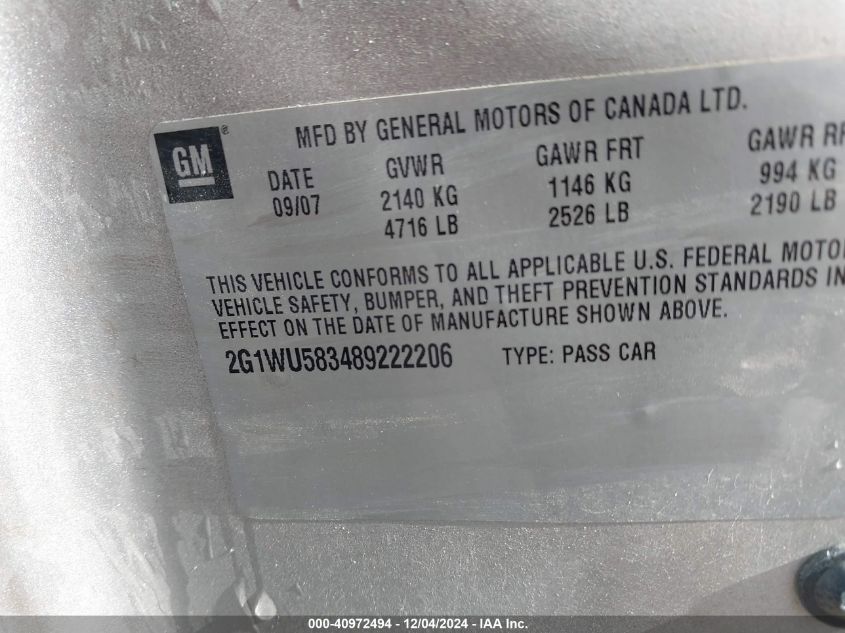 2008 Chevrolet Impala Ltz VIN: 2G1WU583489222206 Lot: 40972494