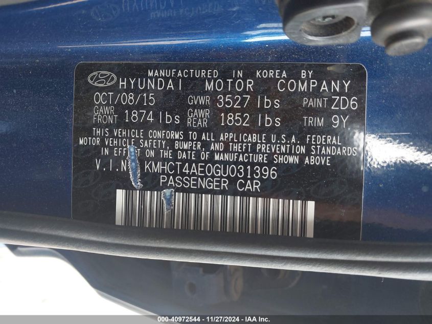 VIN KMHCT4AE0GU031396 2016 Hyundai Accent, SE no.9