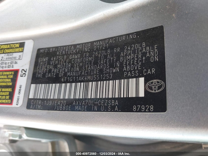 2021 TOYOTA CAMRY VIN: 4T1G11AK4MU551253