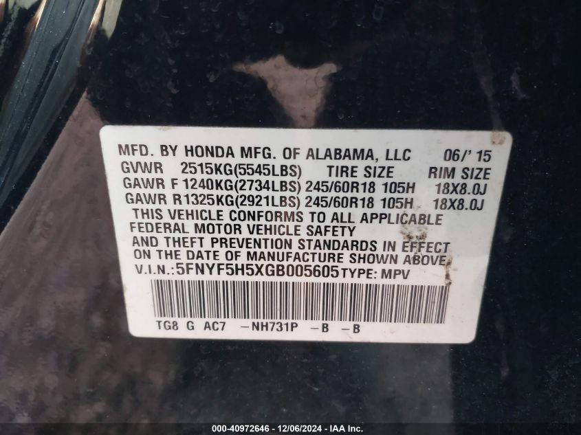 VIN 5FNYF5H5XGB005605 2016 HONDA PILOT no.9