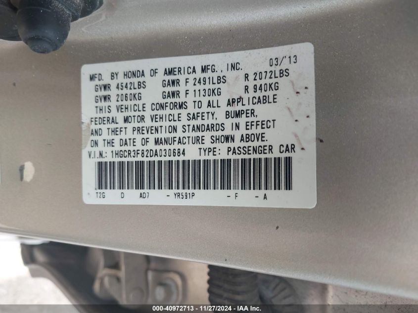 VIN 1HGCR3F82DA030684 2013 Honda Accord, Ex-L V-6 no.9