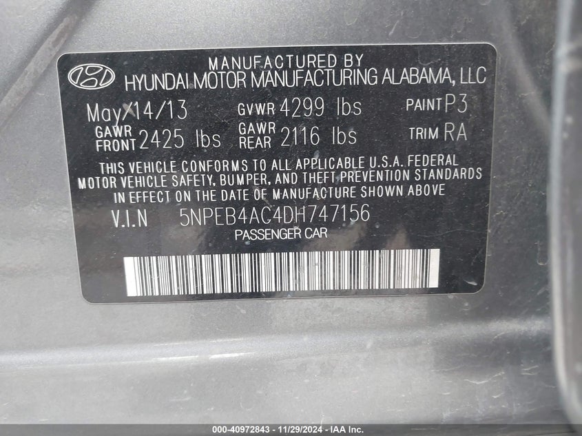 2013 HYUNDAI SONATA VIN: 5NPEB4AC4DH747156