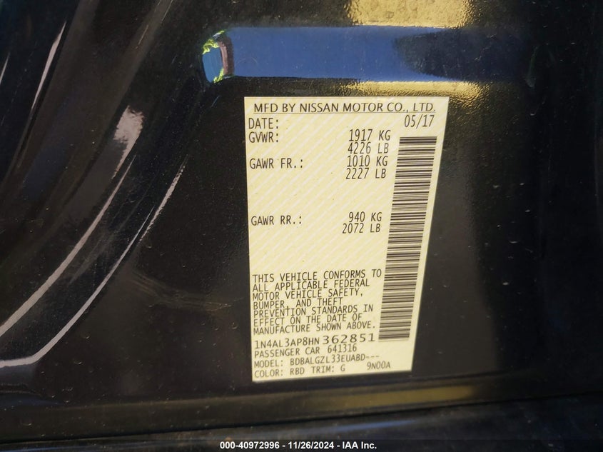 VIN 1N4AL3AP8HN362851 2017 NISSAN ALTIMA 2.5 S