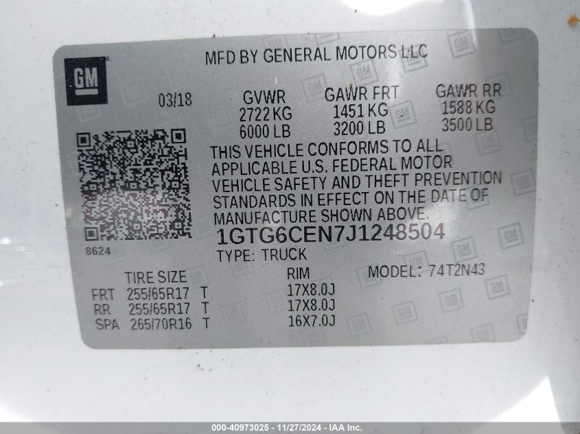 VIN 1GTG6CEN7J1248504 2018 GMC CANYON no.9