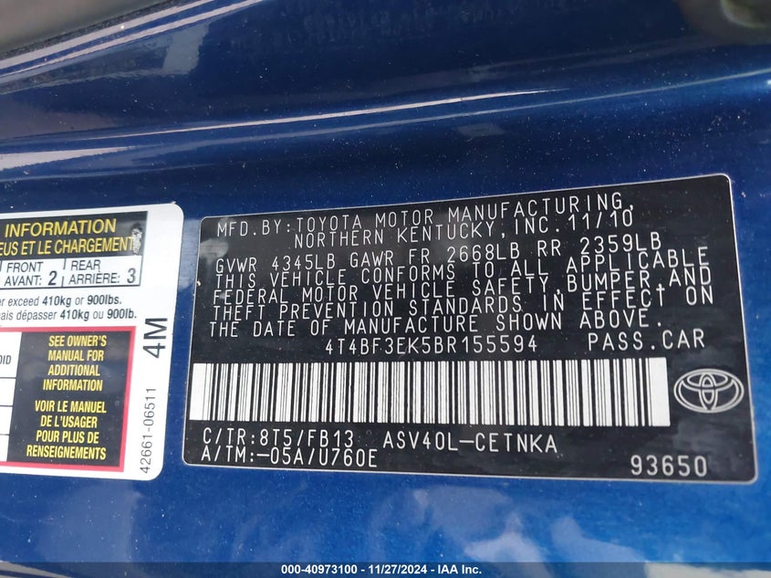 2011 TOYOTA CAMRY VIN: 4T4BF3EK5BR155594