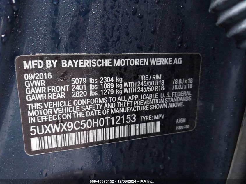 VIN 5UXWX9C50H0T12153 2017 BMW X3, Xdrive28I no.9