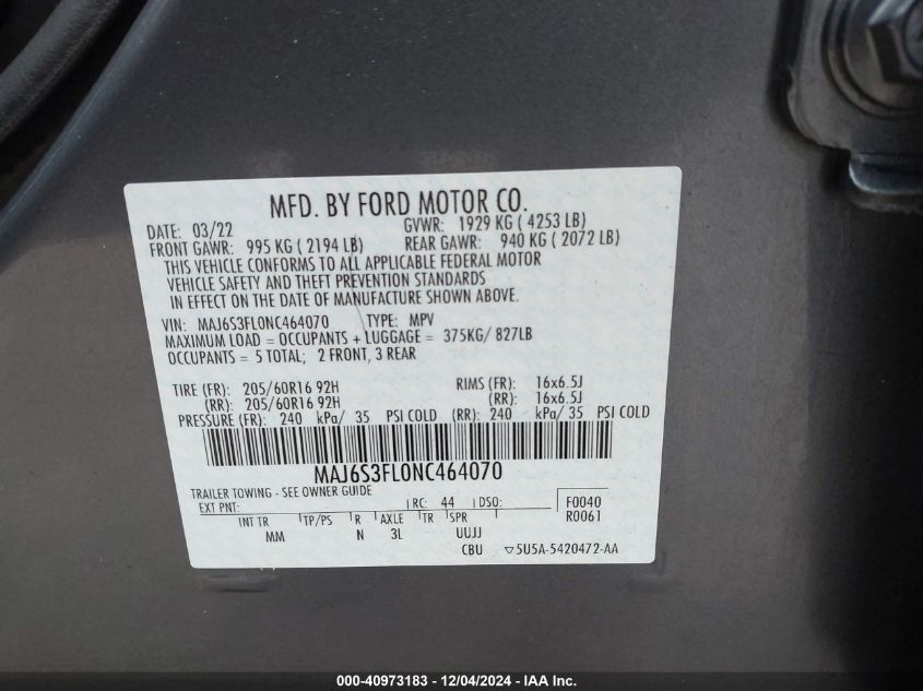 VIN MAJ6S3FL0NC464070 2022 Ford Ecosport, S no.9