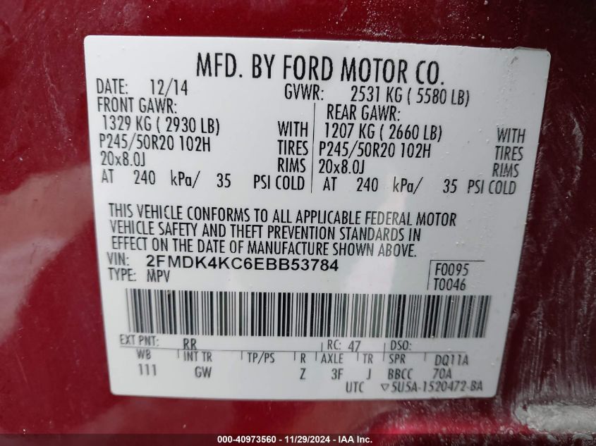 VIN 2FMDK4KC6EBB53784 2014 Ford Edge, Limited no.9