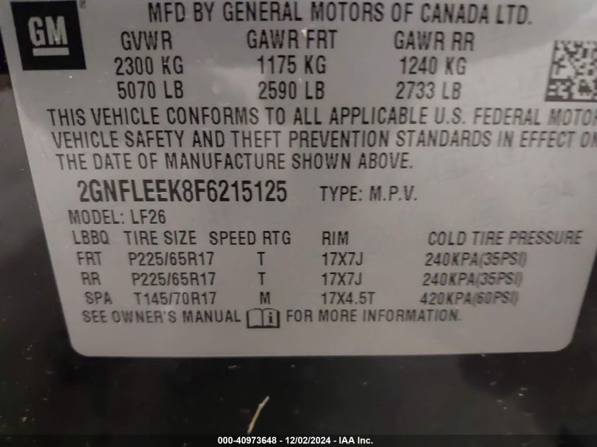 VIN 2GNFLEEK8F6215125 2015 CHEVROLET EQUINOX no.9