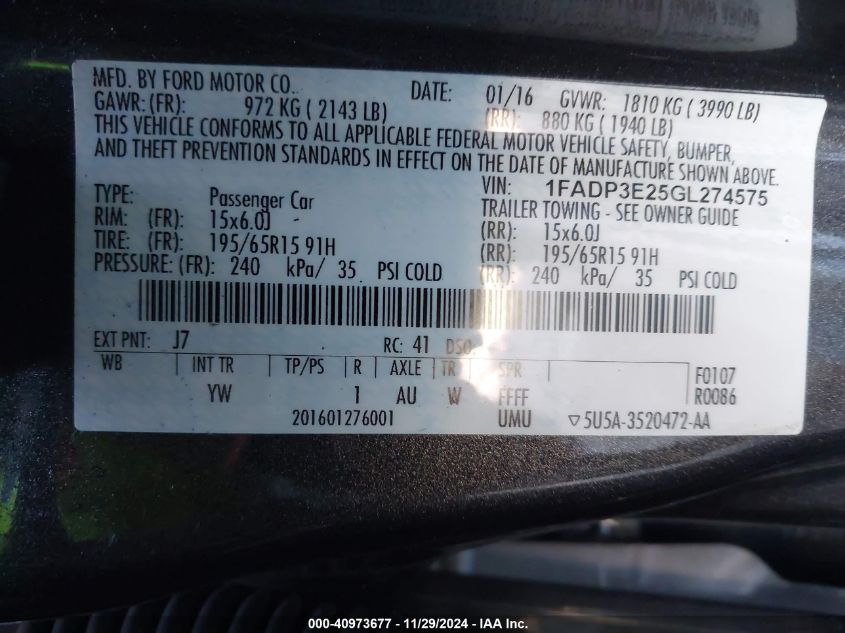 VIN 1FADP3E25GL274575 2016 Ford Focus, S no.9