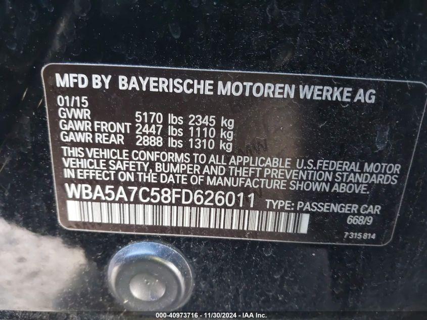 VIN WBA5A7C58FD626011 2015 BMW 5 Series, 528I Xdrive no.9