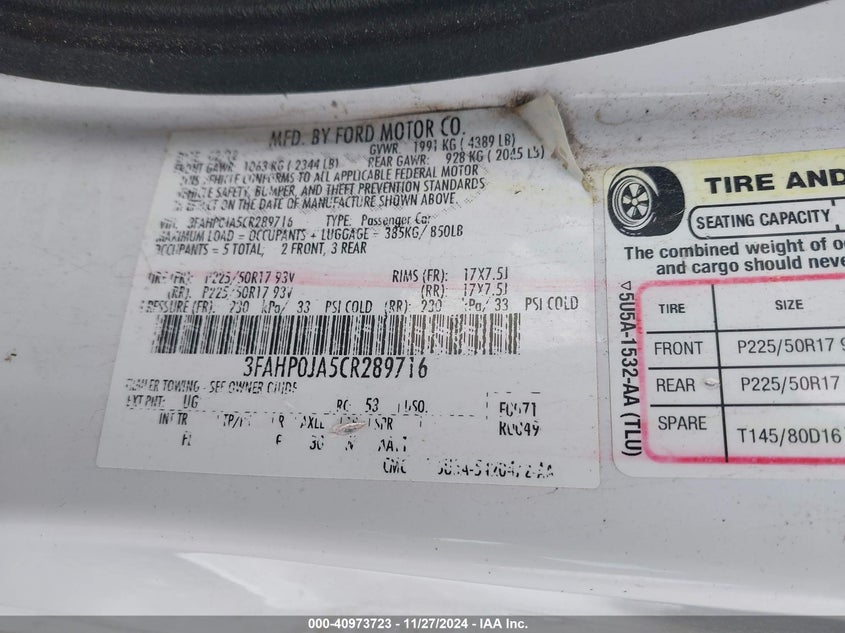 2012 FORD FUSION VIN: 3FAHP0JA5CR289716
