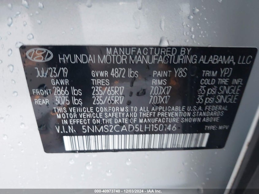 VIN 5NMS2CAD5LH150146 2020 HYUNDAI SANTA FE SE