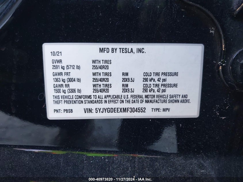 VIN 5YJYGDEEXMF304552 2021 TESLA MODEL Y LONG RANGE DUAL MOTOR ALL-WHEEL DRIVE