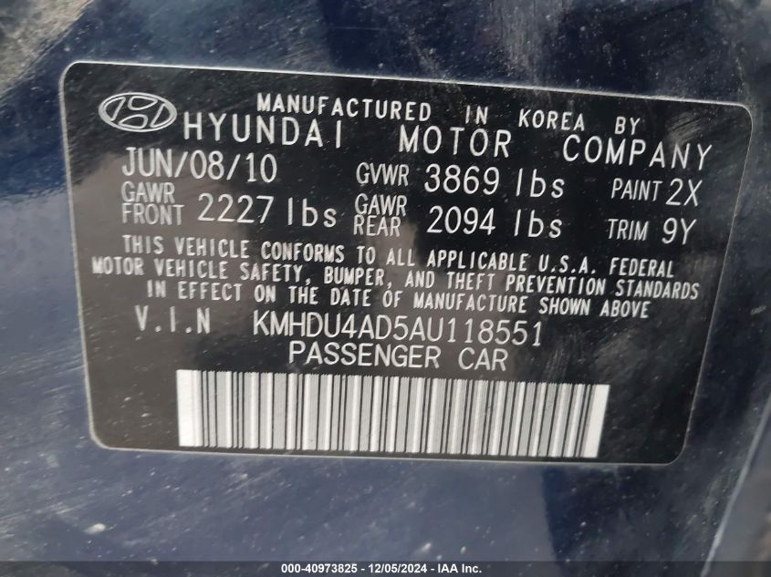 2010 Hyundai Elantra Gls VIN: KMHDU4AD5AU118551 Lot: 40973825