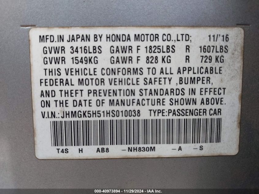 2017 Honda Fit Lx VIN: JHMGK5H51HS010038 Lot: 40973894