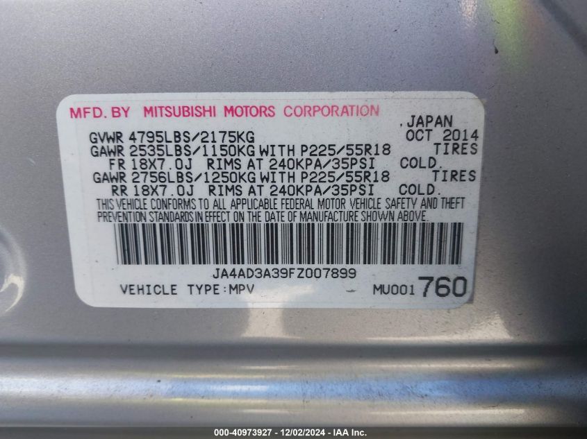 2015 Mitsubishi Outlander Se VIN: JA4AD3A39FZ007899 Lot: 40973927