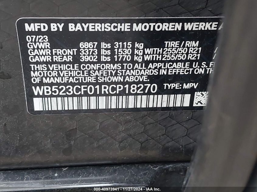 VIN WB523CF01RCP18270 2024 BMW IX no.9