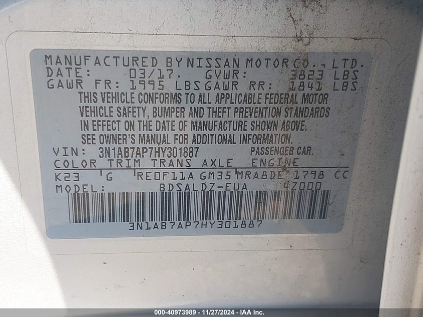 2017 Nissan Sentra Sv VIN: 3N1AB7AP7HY301887 Lot: 40973989