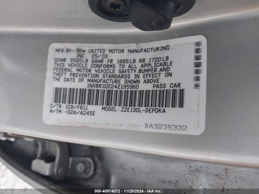 2004 Toyota Corolla Ce VIN: 1NXBR32E24Z195960 Lot: 40974072