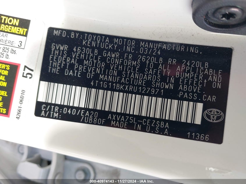 2024 TOYOTA CAMRY VIN: 4T1G11BKXRU127971
