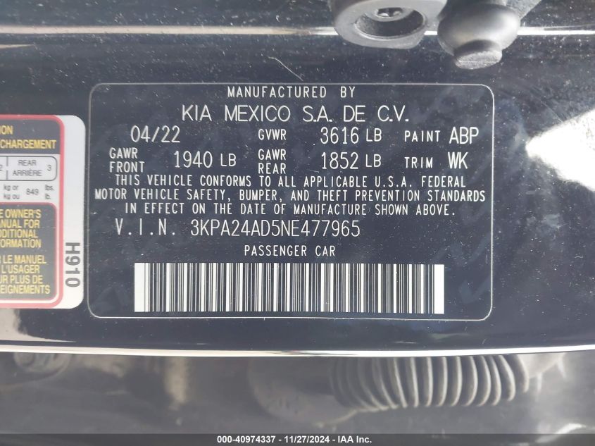 VIN 3KPA24AD5NE477965 2022 KIA RIO no.9