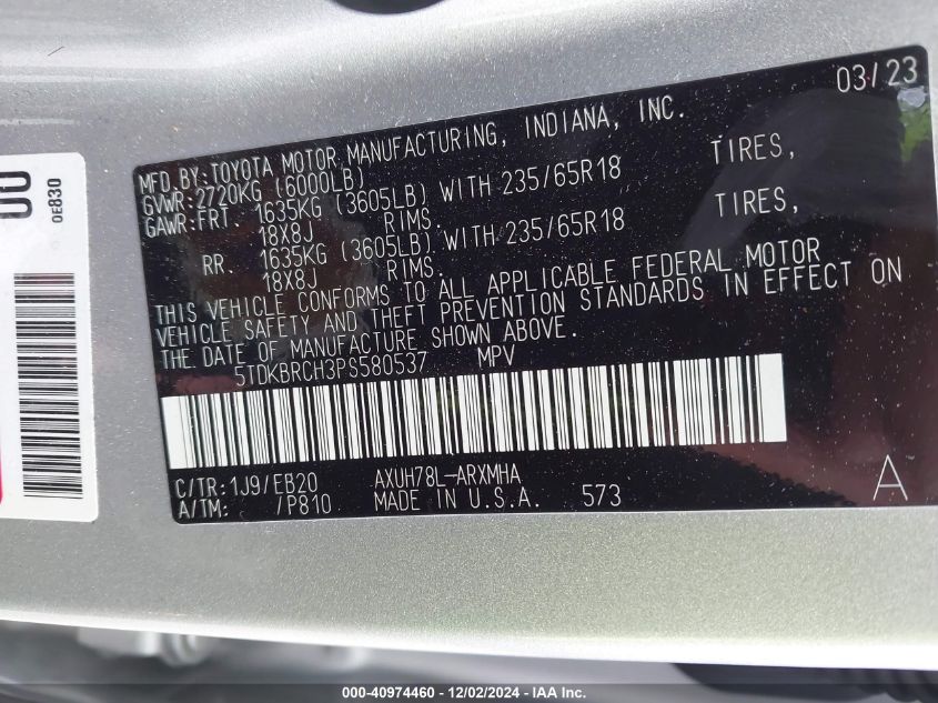 VIN 5TDKBRCH3PS580537 2023 Toyota Highlander, Hybri... no.9