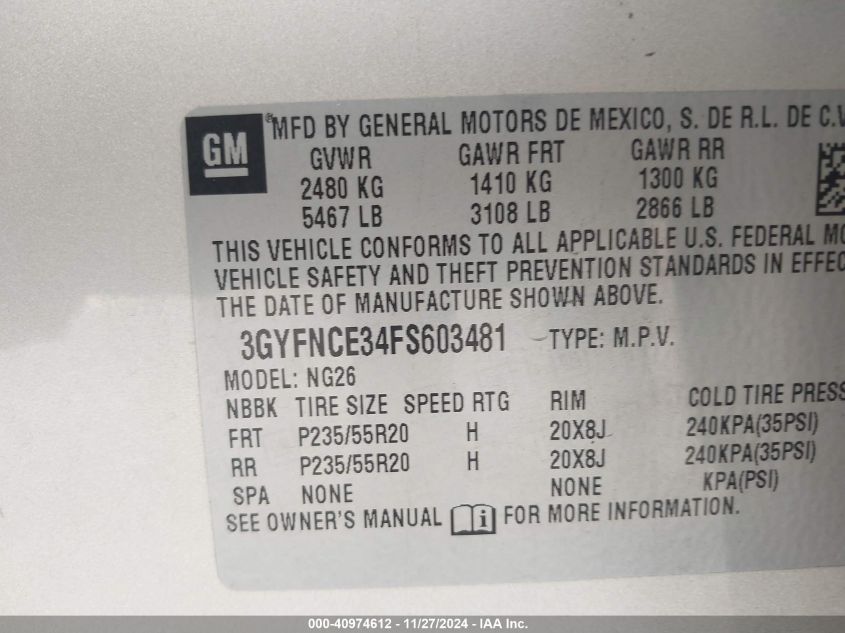 VIN 3GYFNCE34FS603481 2015 Cadillac SRX, Performanc... no.9