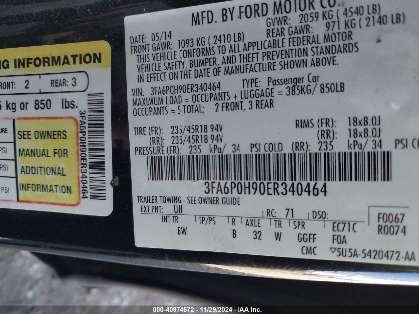 VIN 3FA6P0H90ER340464 2014 Ford Fusion, SE no.9