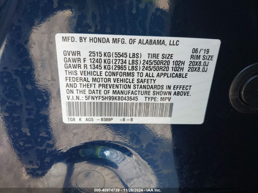 VIN 5FNYF5H99KB043645 2019 HONDA PILOT no.9