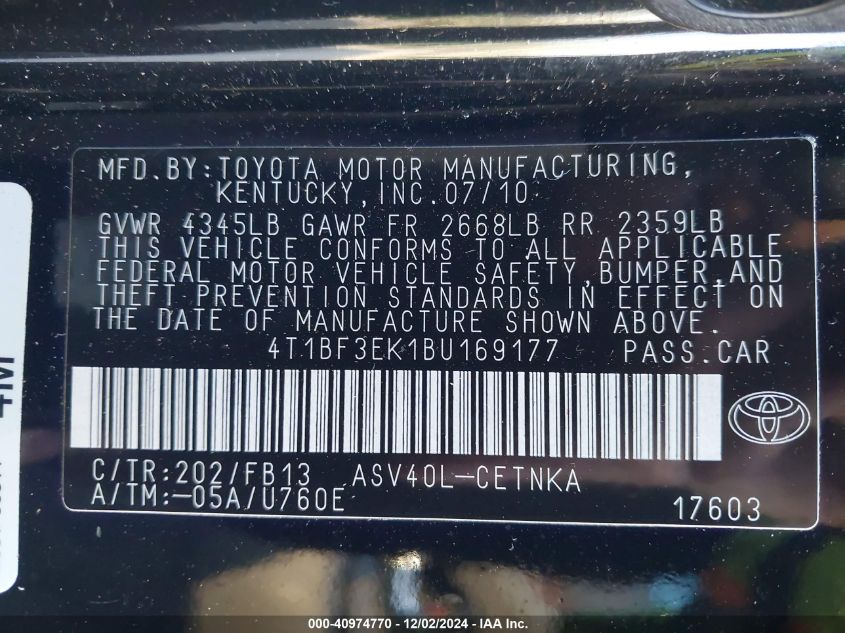 2011 Toyota Camry Le VIN: 4T1BF3EK1BU169177 Lot: 40974770