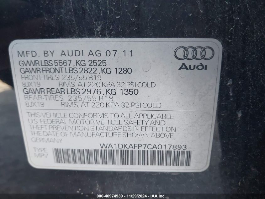 2012 Audi Q5 3.2 Premium Plus VIN: WA1DKAFP7CA017893 Lot: 40974939