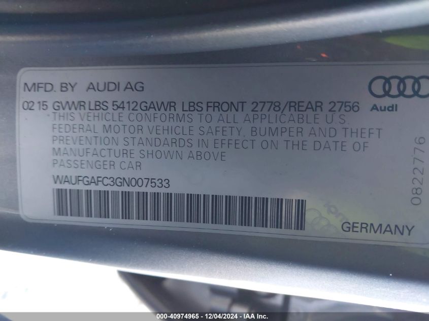 2016 Audi A6 3.0T Premium Plus VIN: WAUFGAFC3GN007533 Lot: 40974965