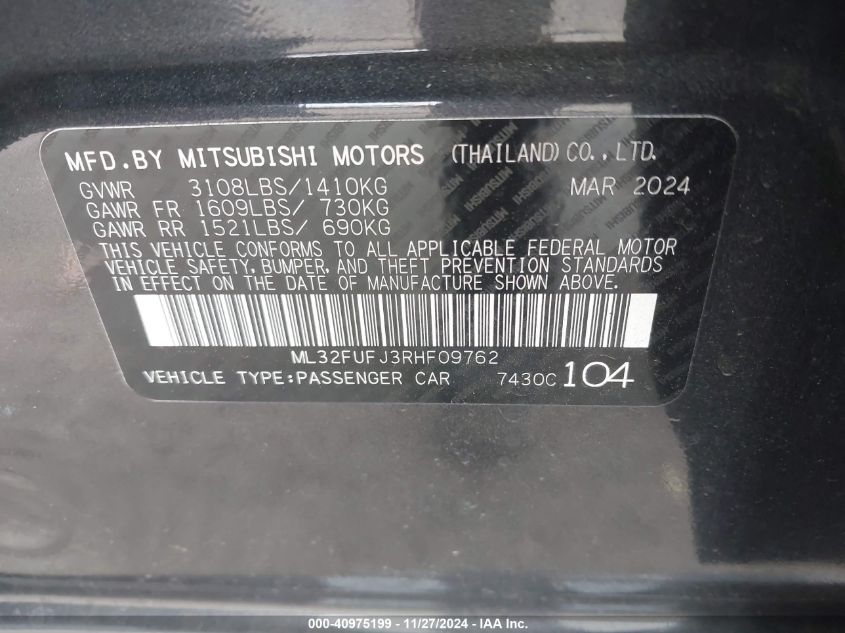 VIN ML32FUFJ3RHF09762 2024 MITSUBISHI MIRAGE G4 no.9