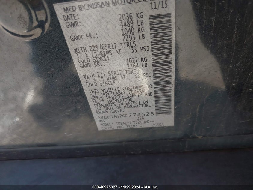 2016 NISSAN ROGUE S/SL/SV - 5N1AT2MT2GC774525