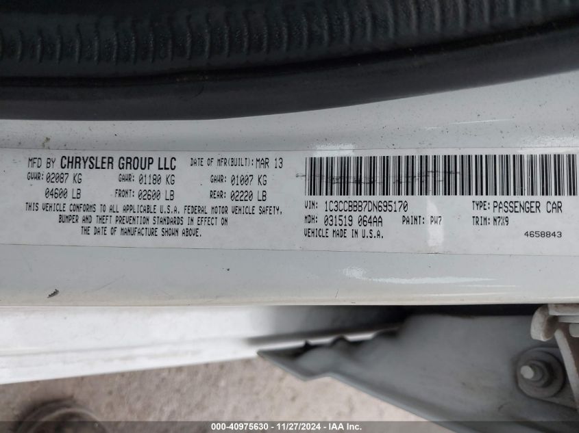 2013 Chrysler 200 Touring VIN: 1C3CCBBB7DN695170 Lot: 40975630
