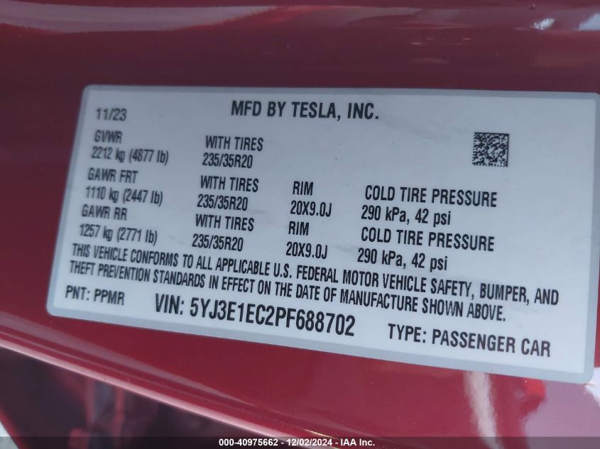 VIN 5YJ3E1EC2PF688702 2023 TESLA MODEL 3 no.9