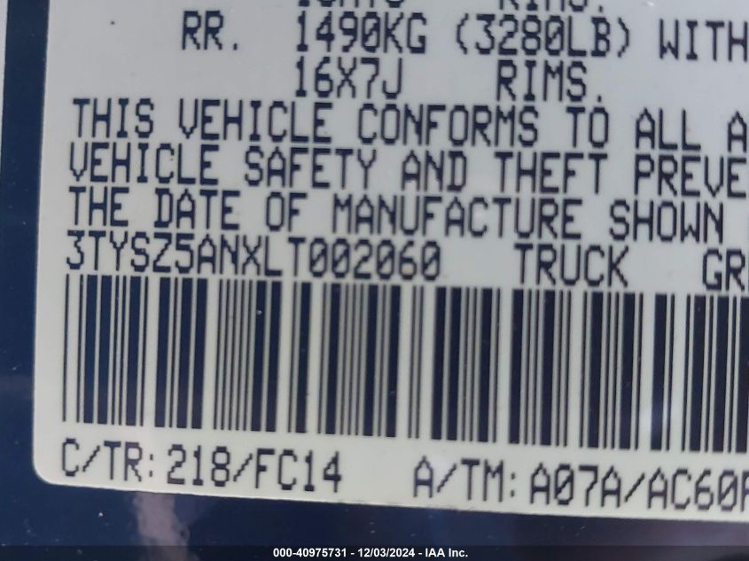 VIN 3TYSZ5ANXLT002060 2020 TOYOTA TACOMA no.9