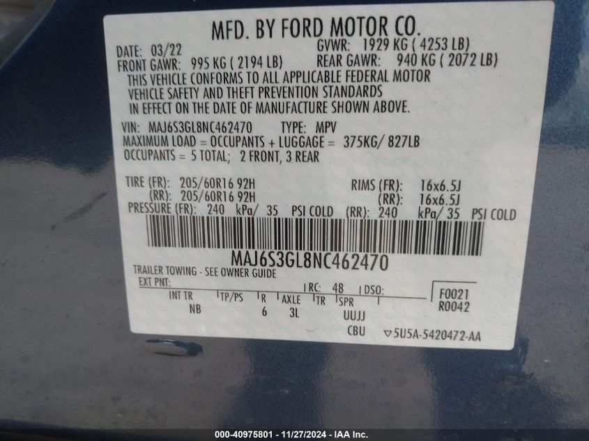 2022 Ford Ecosport Se VIN: MAJ6S3GL8NC462470 Lot: 40975801